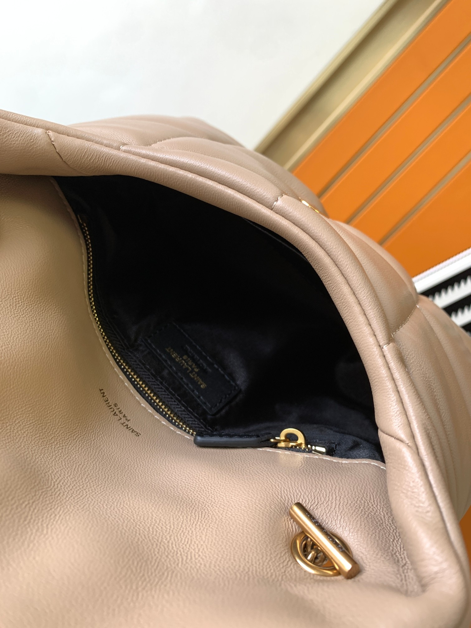 YSL PUFFER MEDIUM IN NAPPA LEATHER DARK BEIGE 13.7 X 9 X 5.3 INCHES