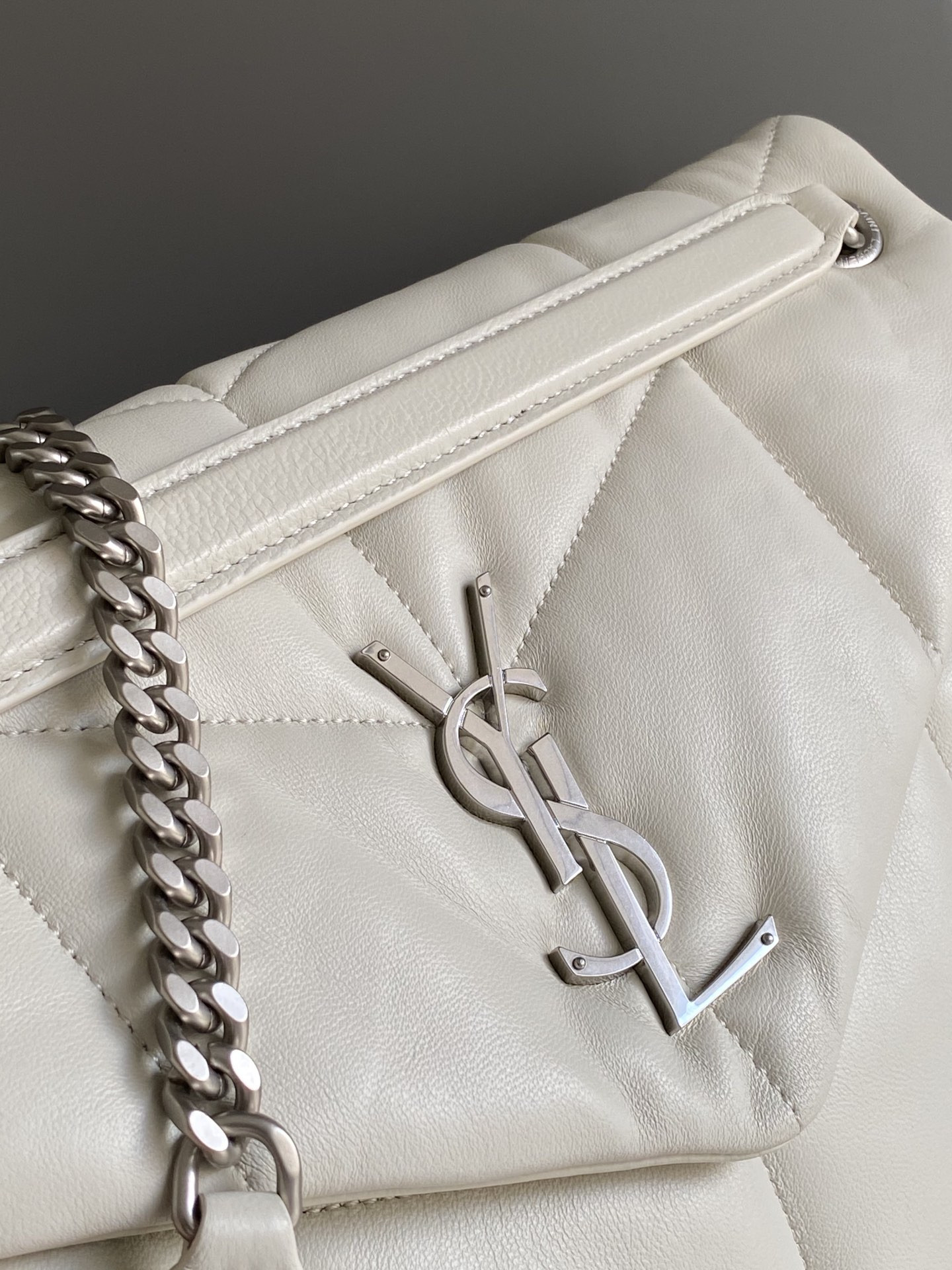 YSL PUFFER MEDIUM IN NAPPA LEATHER WHITE SILVER 13.7 X 9 X 5.3 INCHES