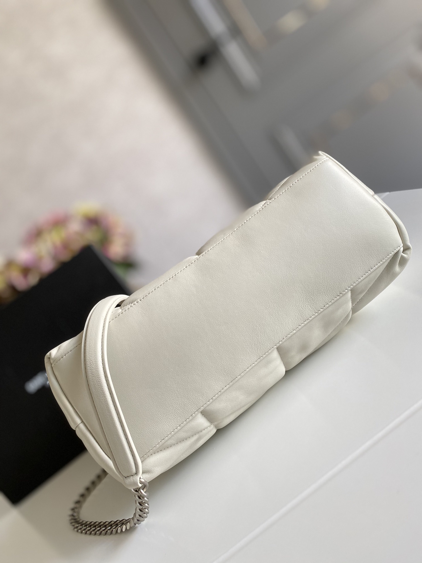 YSL PUFFER MEDIUM IN NAPPA LEATHER WHITE SILVER 13.7 X 9 X 5.3 INCHES