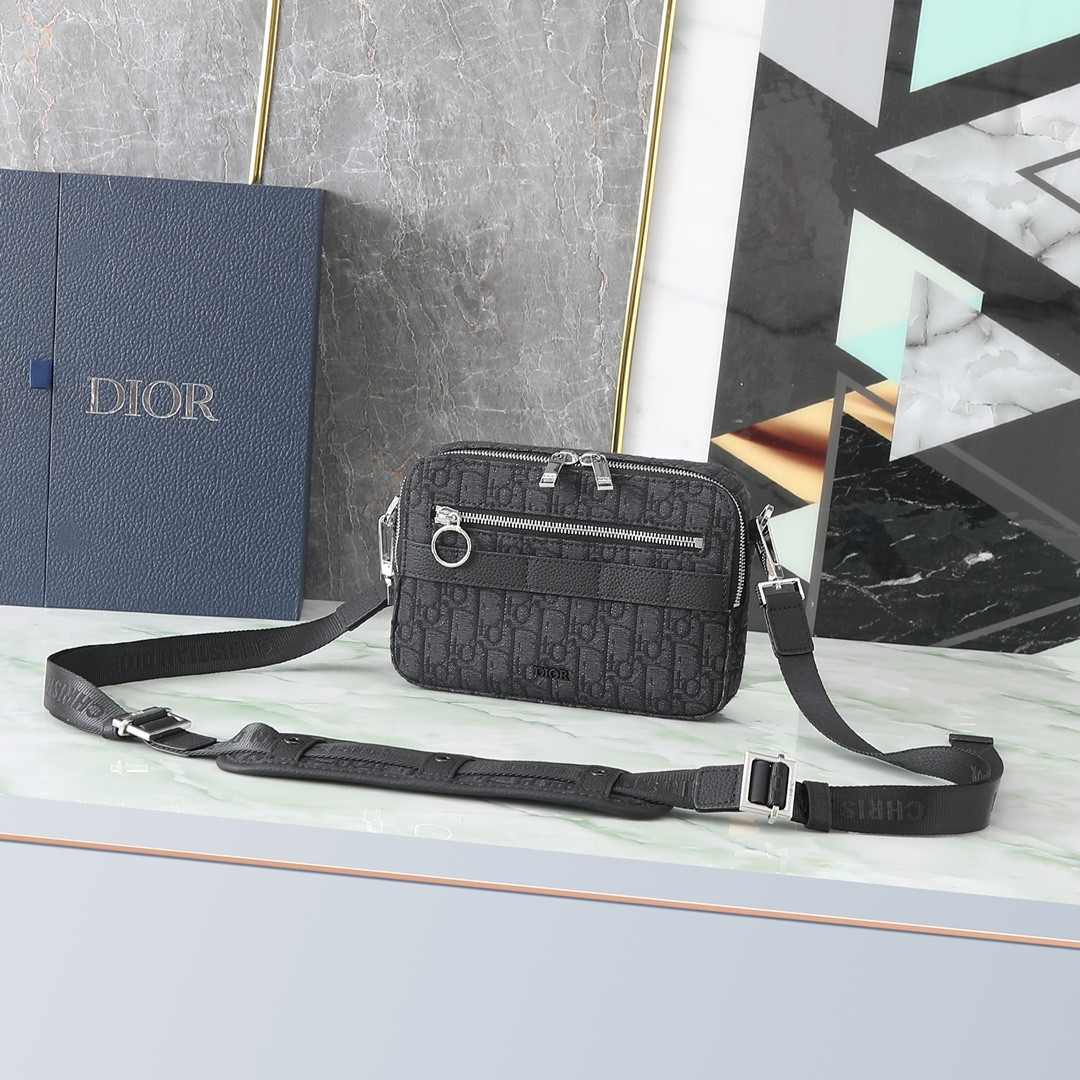 DIOR Safari Bag with Strap  Black Dior Oblique Jacquard  8.5 x 6 x 2.5 inches