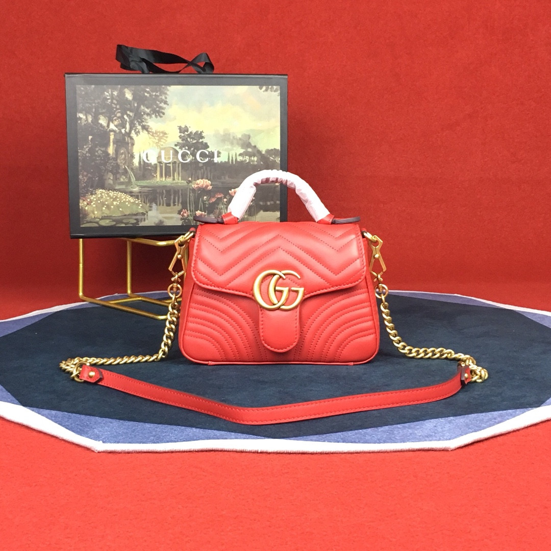 GUCCI GG MARMONT MATELASSÉ MINI BAG RED 8.5"W x 5"H x 2.5"D