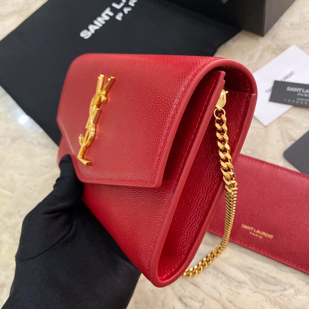 YSL UPTOWN CHAIN WALLET IN GRAIN DE POUDRE EMBOSSED LEATHER RED 7.5 X 4.7 X 1.2 INCHES