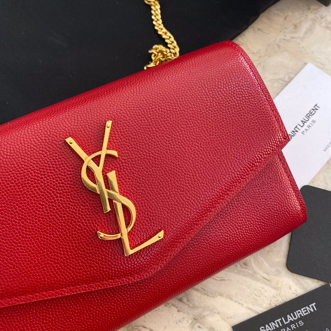 YSL UPTOWN CHAIN WALLET IN GRAIN DE POUDRE EMBOSSED LEATHER RED 7.5 X 4.7 X 1.2 INCHES