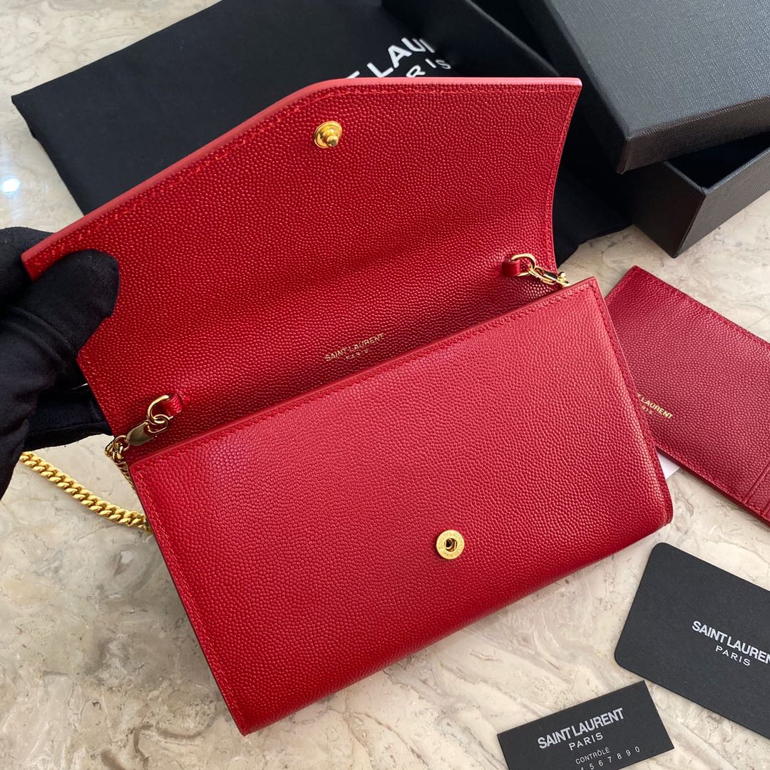 YSL UPTOWN CHAIN WALLET IN GRAIN DE POUDRE EMBOSSED LEATHER RED 7.5 X 4.7 X 1.2 INCHES
