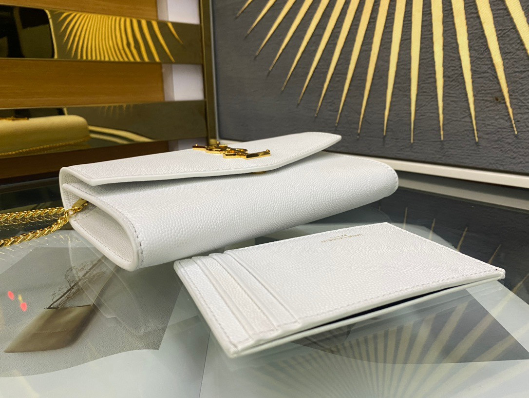 YSL UPTOWN CHAIN WALLET IN GRAIN DE POUDRE EMBOSSED LEATHER BLANC VINTAGE 7.5 X 4.7 X 1.2 INCHES