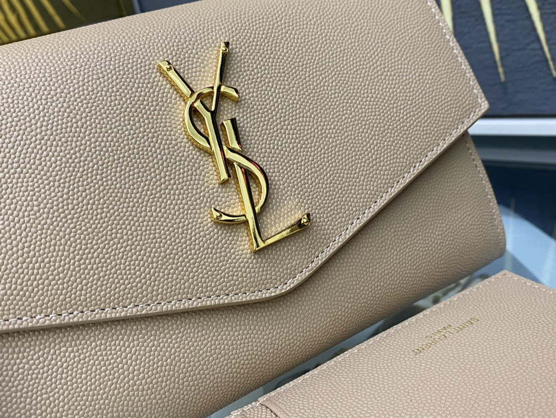 YSL UPTOWN CHAIN WALLET IN GRAIN DE POUDRE EMBOSSED LEATHER DARK BEIGE 7.5 X 4.7 X 1.2 INCHES