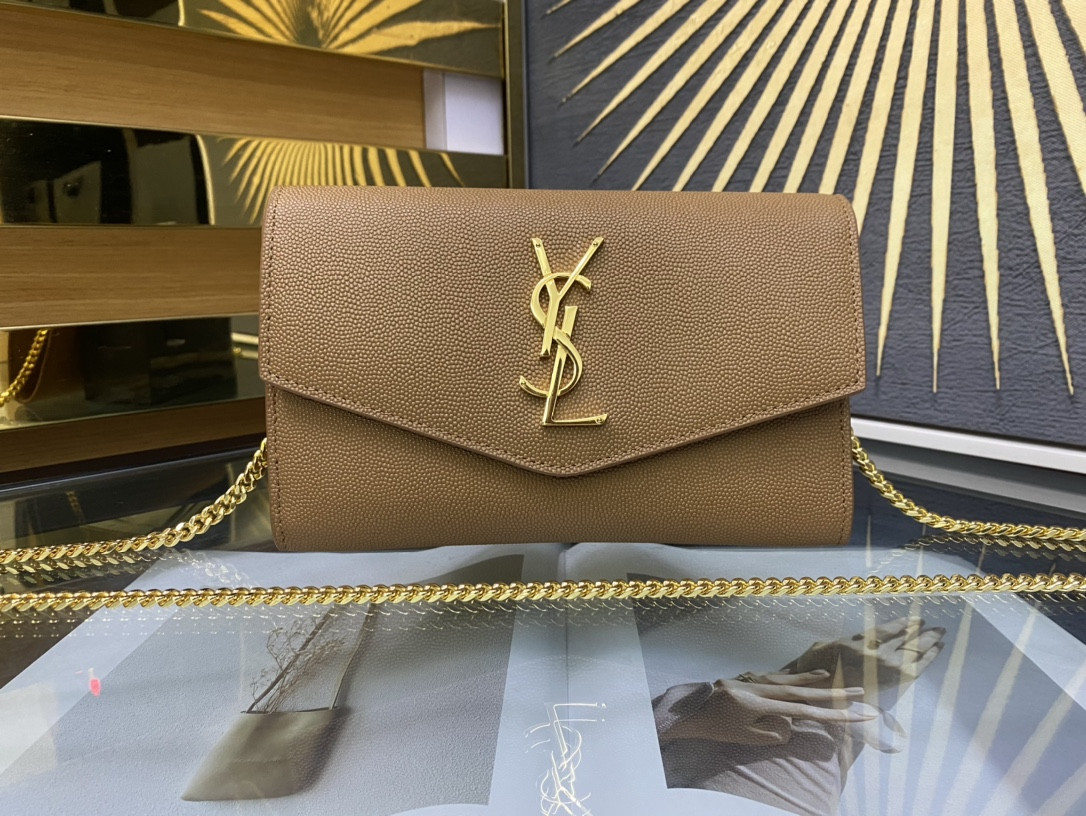 YSL UPTOWN CHAIN WALLET IN GRAIN DE POUDRE EMBOSSED LEATHER TAUPE 7.5 X 4.7 X 1.2 INCHES