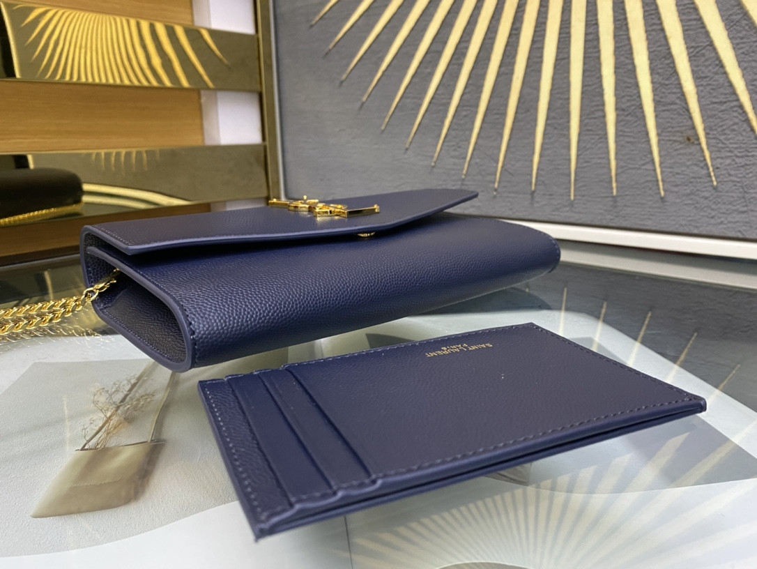 YSL UPTOWN CHAIN WALLET IN GRAIN DE POUDRE EMBOSSED LEATHER NAVY 7.5 X 4.7 X 1.2 INCHES