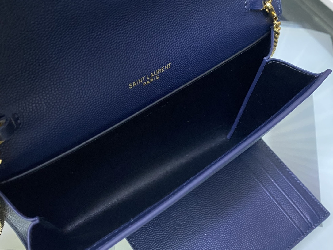 YSL UPTOWN CHAIN WALLET IN GRAIN DE POUDRE EMBOSSED LEATHER NAVY 7.5 X 4.7 X 1.2 INCHES
