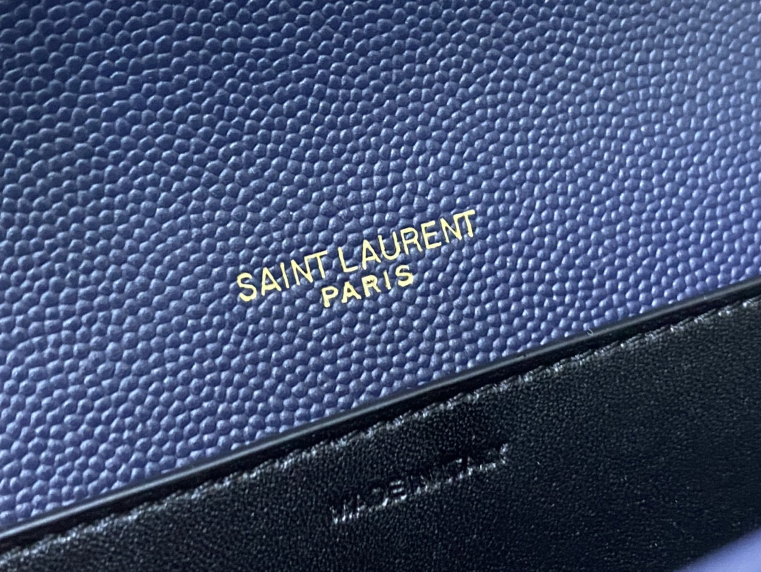 YSL UPTOWN CHAIN WALLET IN GRAIN DE POUDRE EMBOSSED LEATHER NAVY 7.5 X 4.7 X 1.2 INCHES