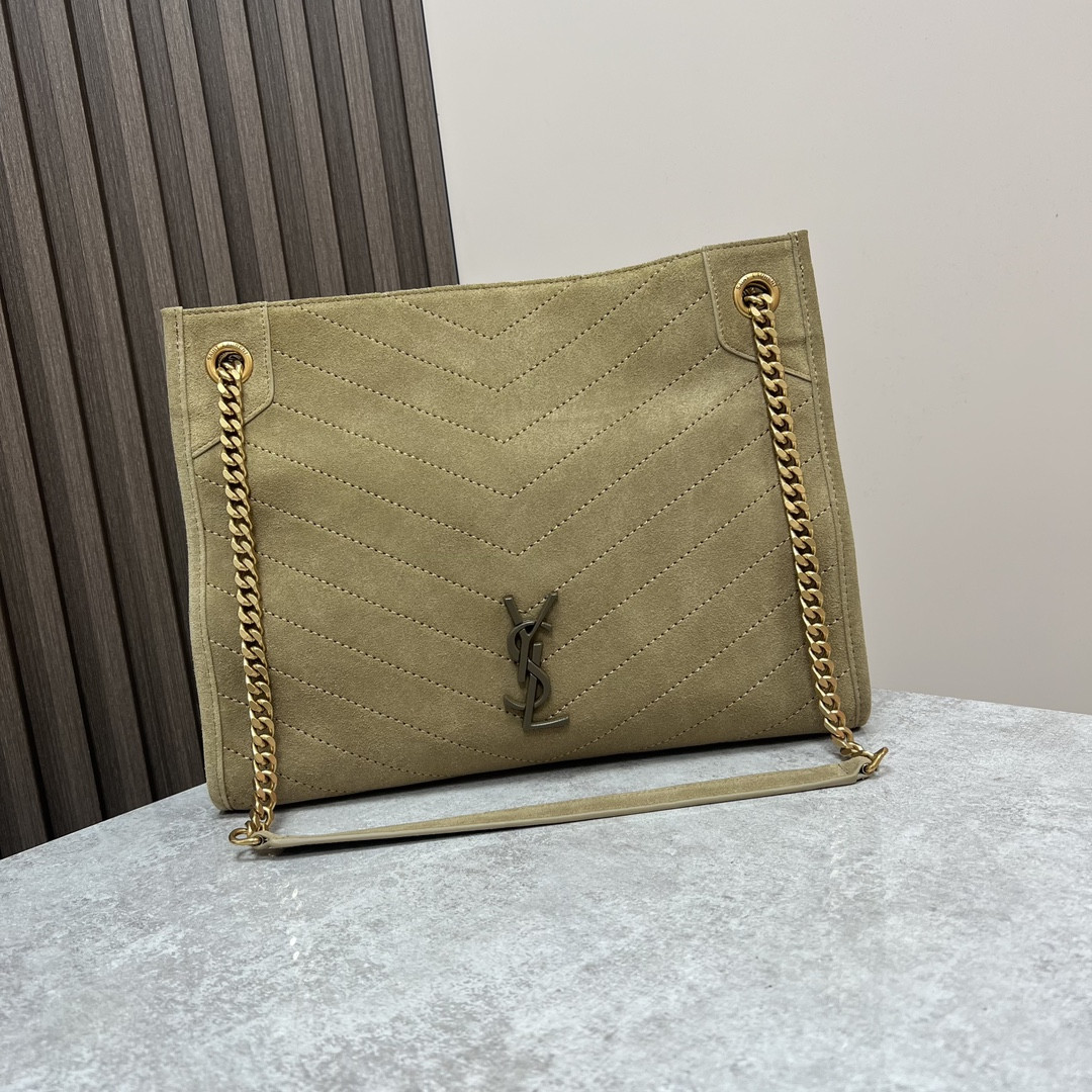 YSL NIKI MEDIUM SHOPPING IN SUEDE BARLEY GREEN 12.9 X 10.6 X 4.5 INCHES