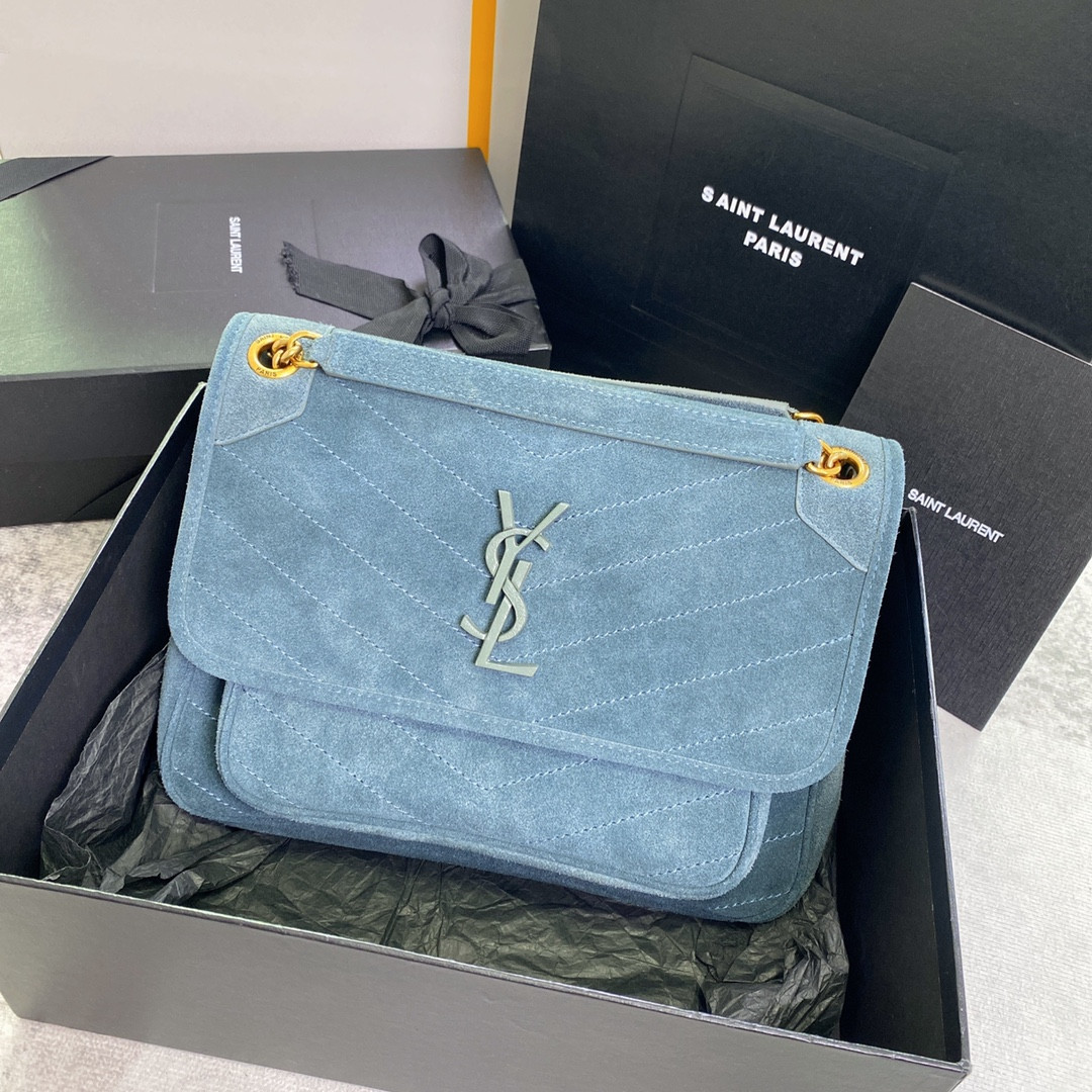 YSL NIKI MEDIUM IN SUEDE BLUE 11 X 7.8 X 3.3 INCHES
