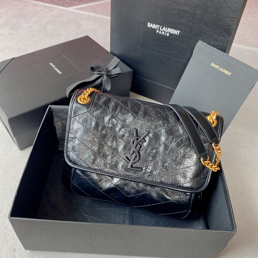 YSL NIKI MEDIUM IN VINTAGE LEATHER BLACK 11 X 7.8 X 3.3 INCHES