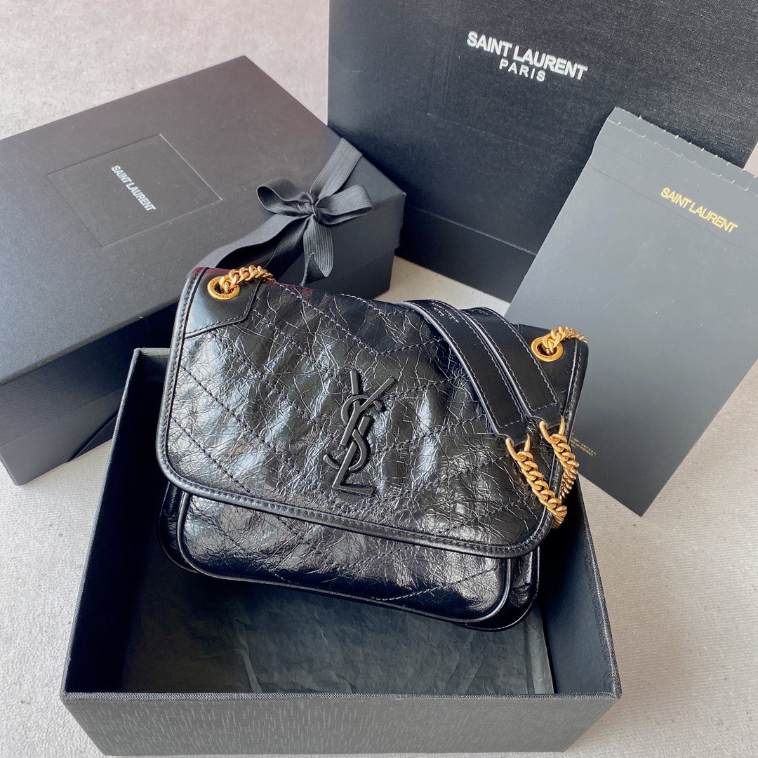 YSL NIKI BABY IN VINTAGE LEATHER NOIR 8.2 X 6 X 2.9 INCHES