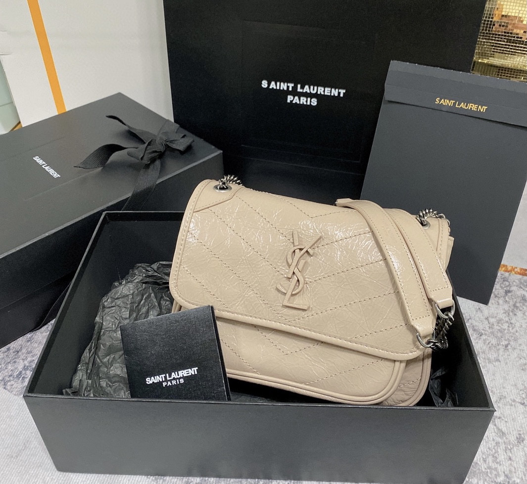 YSL NIKI BABY IN VINTAGE LEATHER BEIGE 8.2 X 6 X 2.9 INCHES