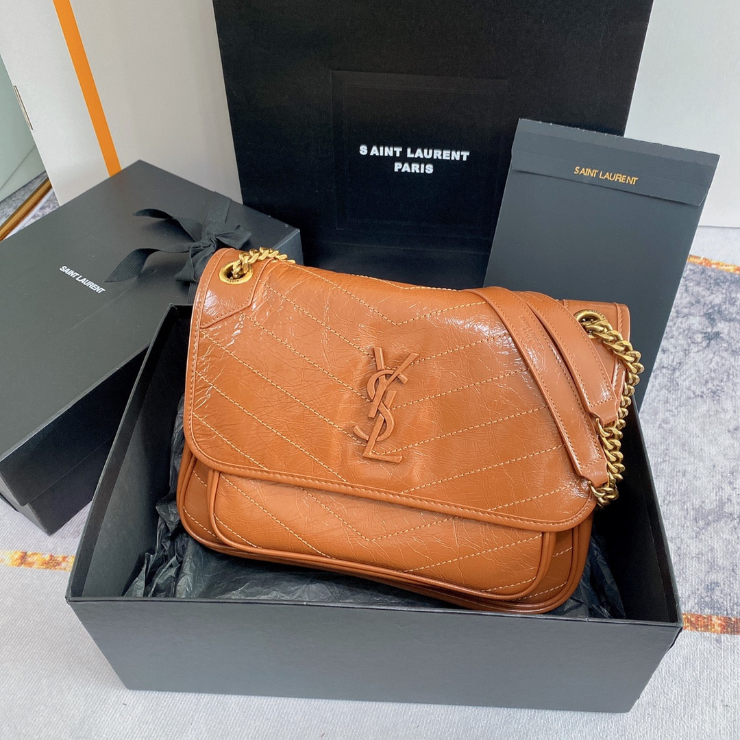 YSL NIKI MEDIUM IN VINTAGE LEATHER LIGHT CARAMEL 11 X 7.8 X 3.3 INCHES