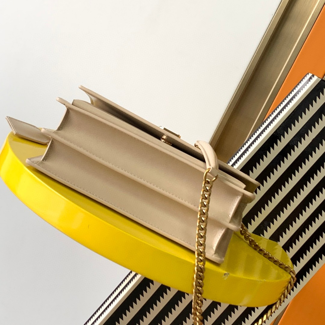 YSL SUNSET MEDIUM IN COATED-BARK LEATHER BEIGE 8 X 6.2 X 2.5 INCHES