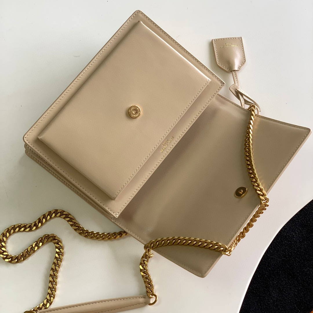 YSL SUNSET MEDIUM IN COATED-BARK LEATHER BEIGE 8 X 6.2 X 2.5 INCHES