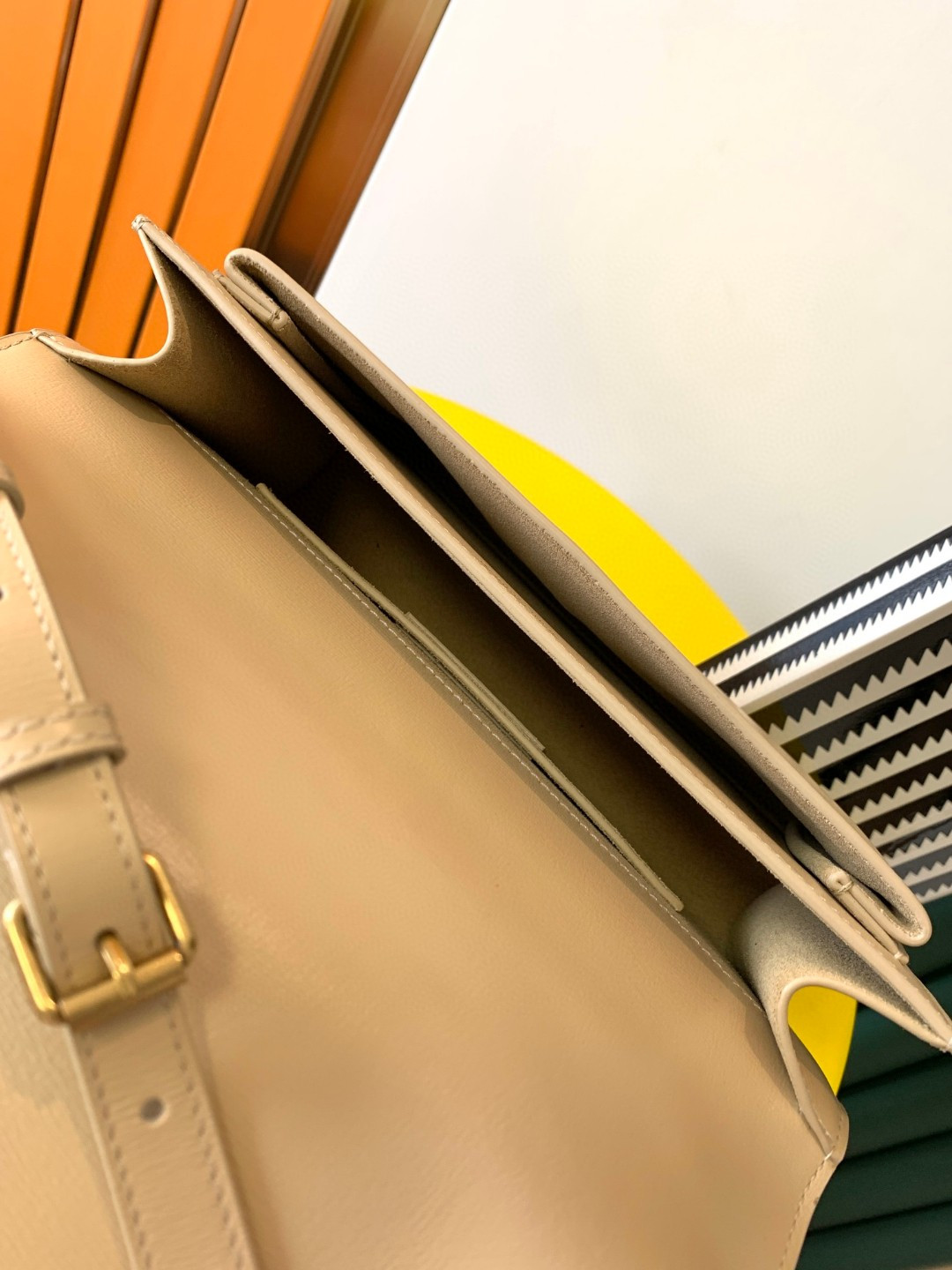 YSL SUNSET LARGE IN SMOOTH LEATHER BEIGE 10.6 X 7 X 3.1 INCHES