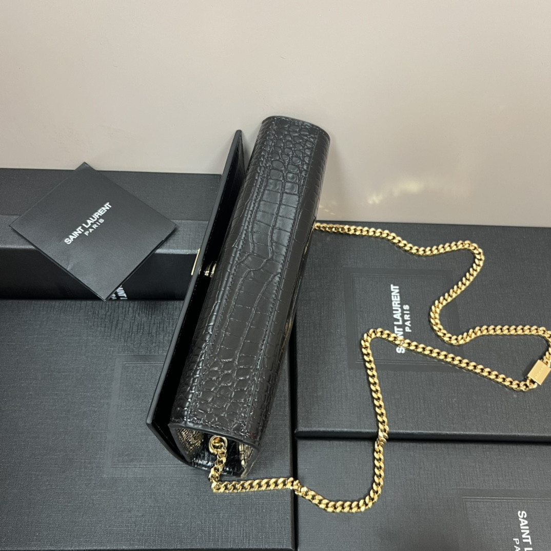YSL KATE MEDIUM IN CROCODILE-EMBOSSED LEATHER BLACK 9.4 X 5.7 X 2.1 INCHES