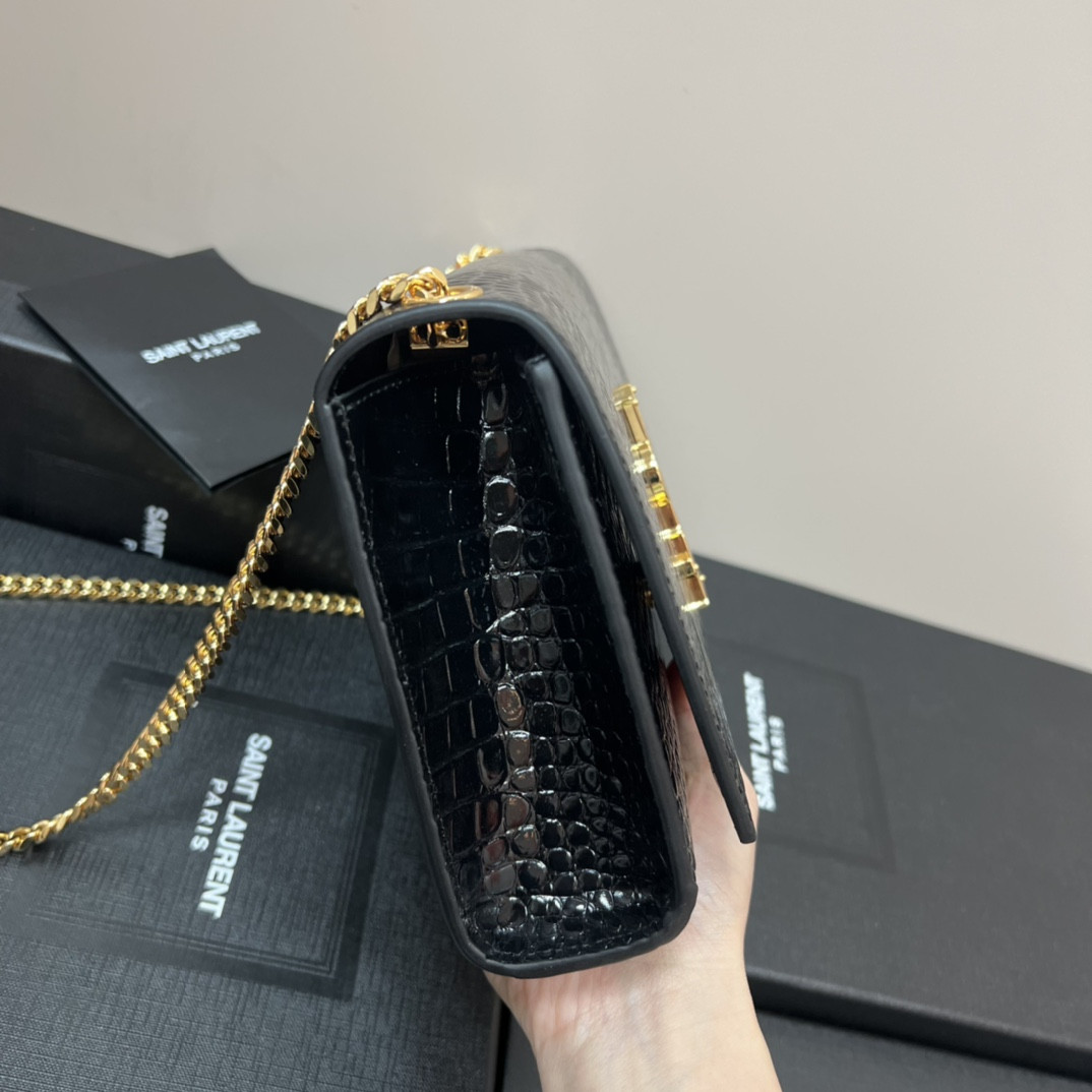 YSL KATE MEDIUM IN CROCODILE-EMBOSSED LEATHER BLACK 9.4 X 5.7 X 2.1 INCHES