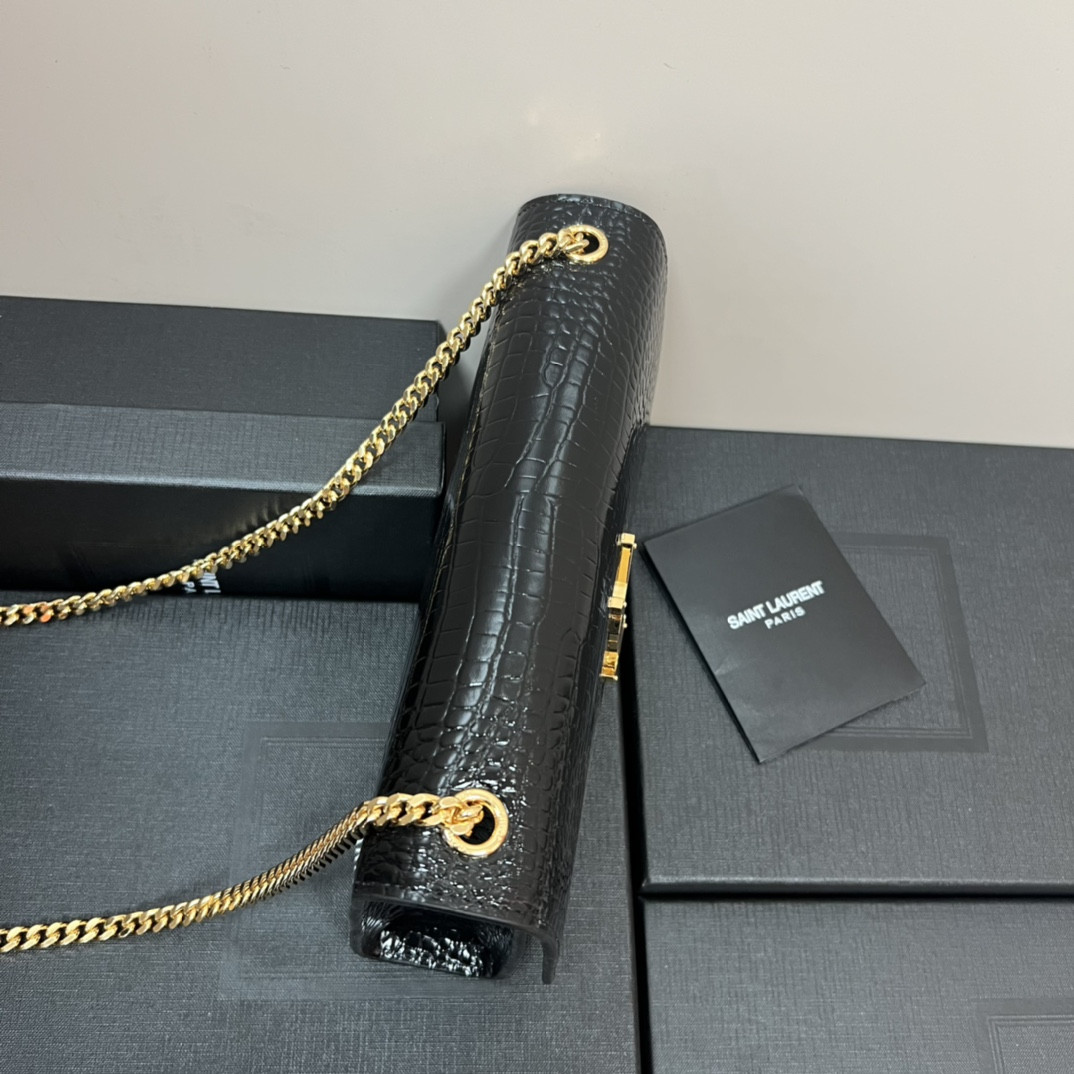 YSL KATE MEDIUM IN CROCODILE-EMBOSSED LEATHER BLACK 9.4 X 5.7 X 2.1 INCHES