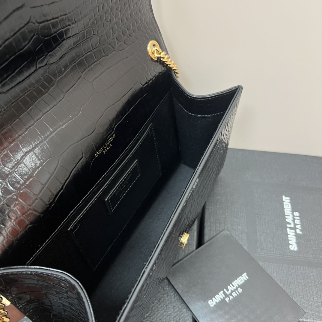 YSL KATE MEDIUM IN CROCODILE-EMBOSSED LEATHER BLACK 9.4 X 5.7 X 2.1 INCHES