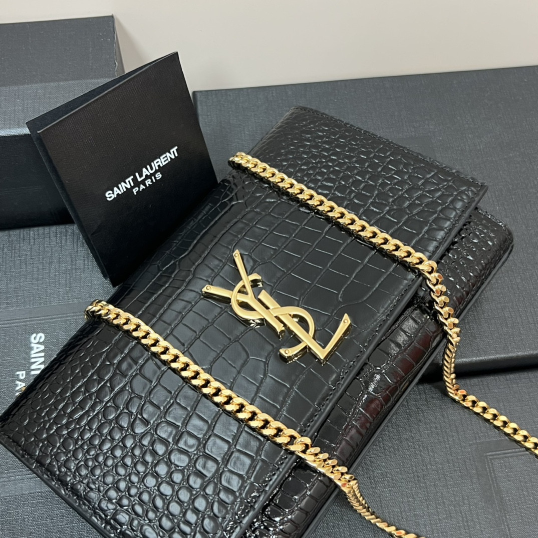 YSL KATE MEDIUM IN CROCODILE-EMBOSSED LEATHER BLACK 9.4 X 5.7 X 2.1 INCHES