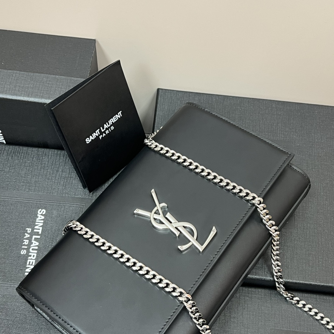YSL KATE MEDIUM IN SMOOTH LEATHER BLACK SILVER 9.4 X 5.7 X 2.1 INCHES