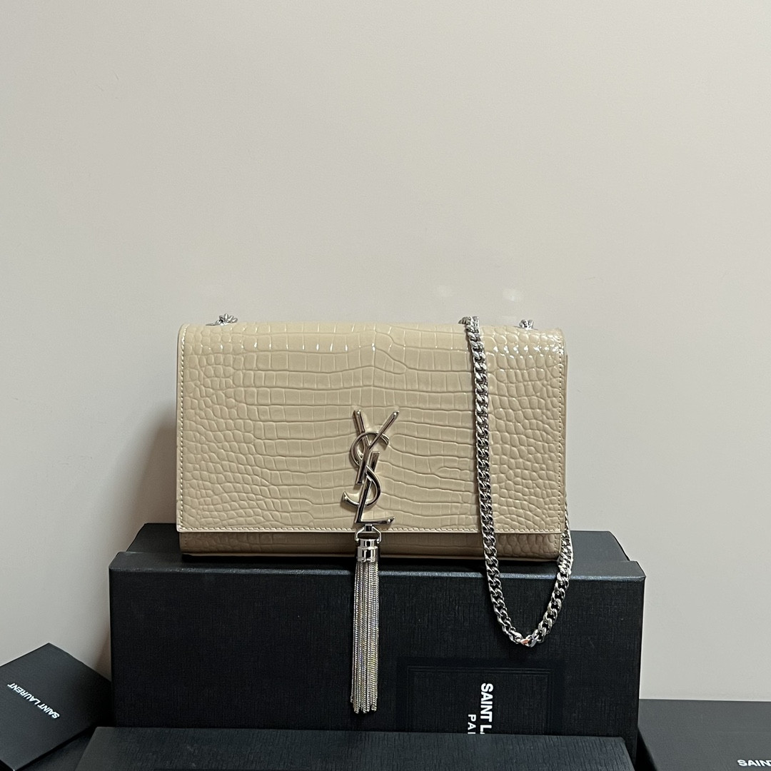 YSL KATE MEDIUM TASSEL IN CROCODILE-EMBOSSED LEATHER BEIGE 9.4 X 5.7 X 2.1 INCHES