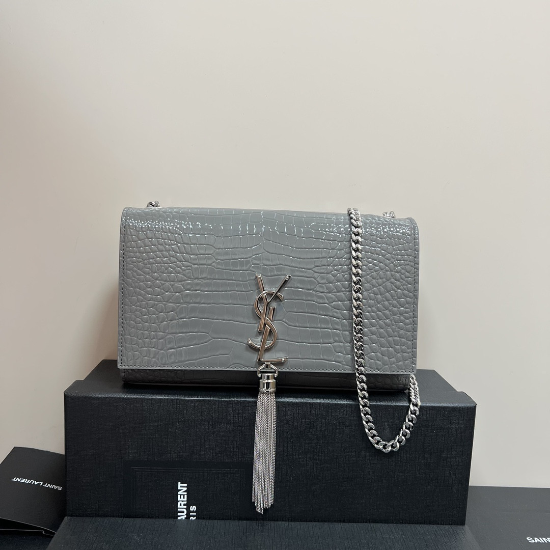 YSL KATE MEDIUM TASSEL IN CROCODILE-EMBOSSED LEATHER GRAY 9.4 X 5.7 X 2.1 INCHES