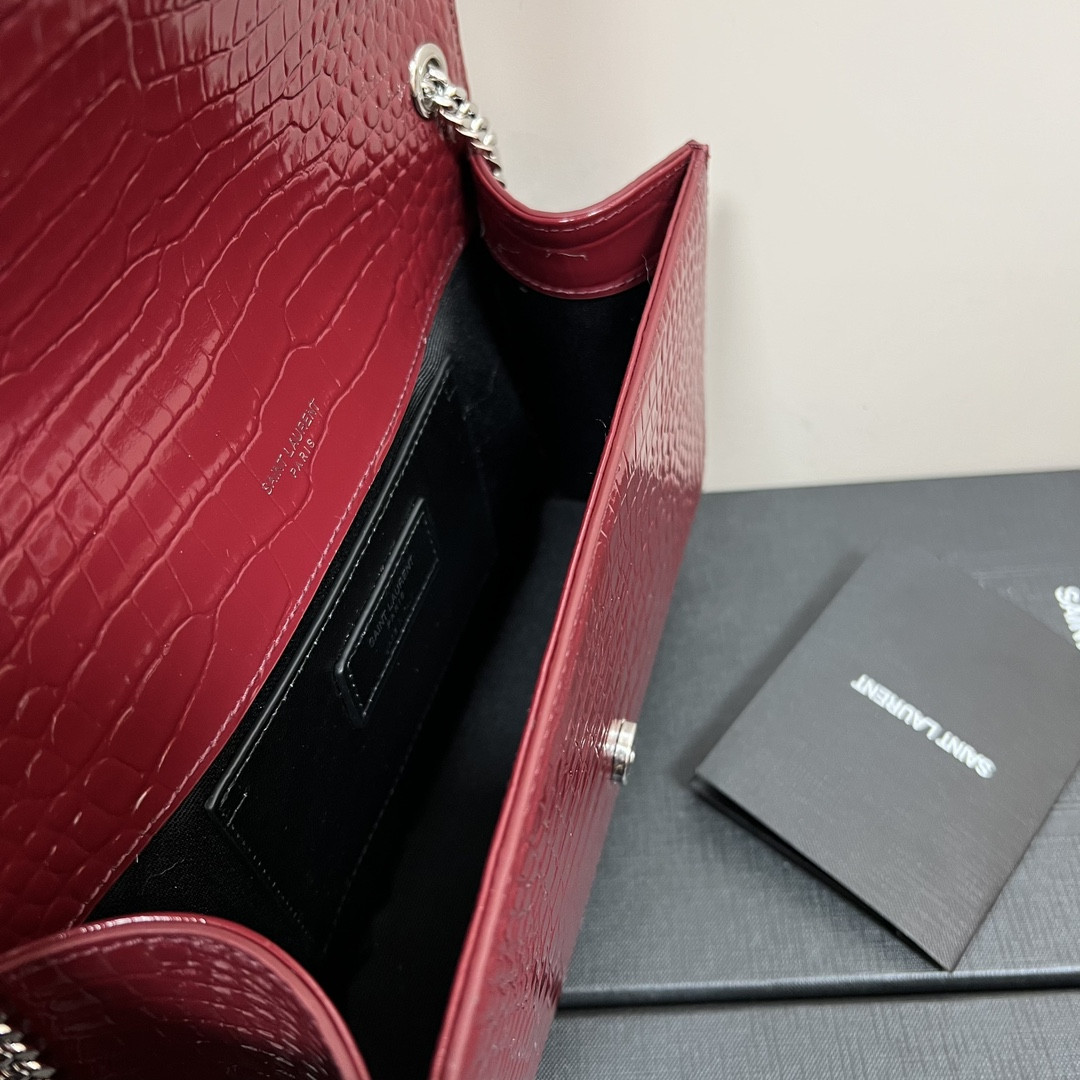 YSL KATE MEDIUM TASSEL IN CROCODILE-EMBOSSED LEATHER RED 9.4 X 5.7 X 2.1 INCHES