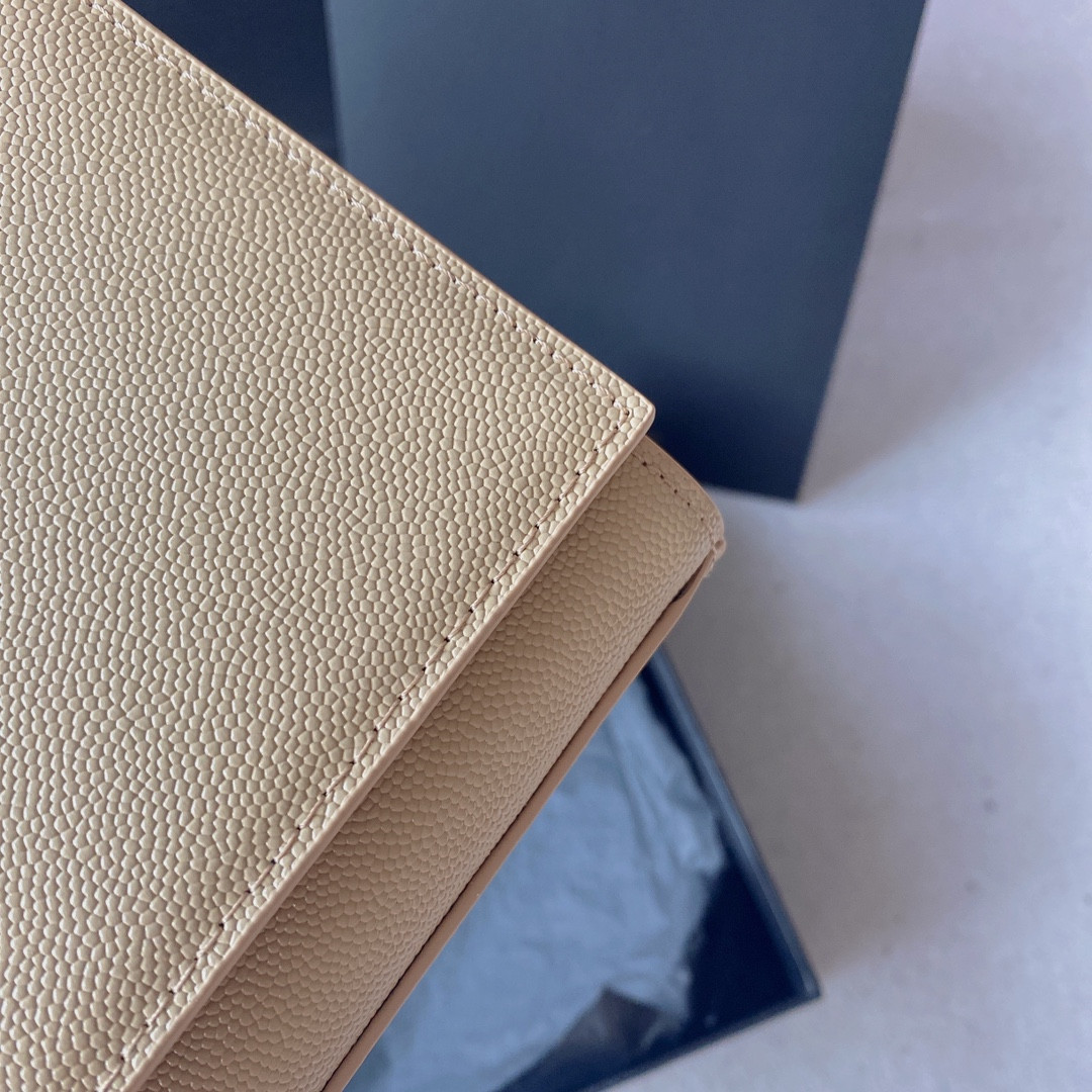 YSL KATE MEDIUM IN GRAIN DE POUDRE EMBOSSED LEATHER DARK BEIGE 9.4 X 5.7 X 2.1 INCHES