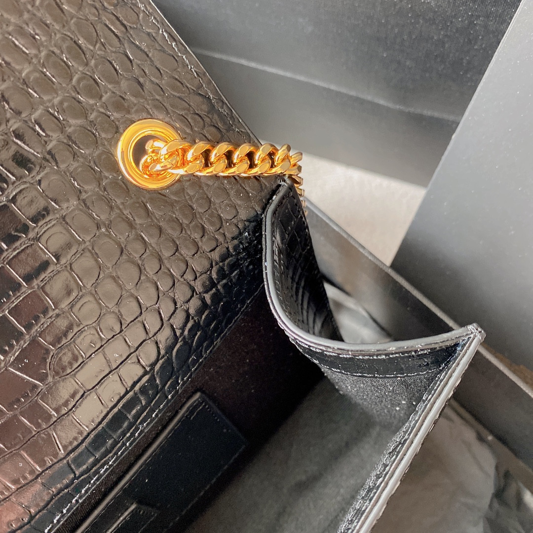 YSL KATE MEDIUM TASSEL IN CROCODILE-EMBOSSED LEATHER BLACK 9.4 X 5.7 X 2.1 INCHES