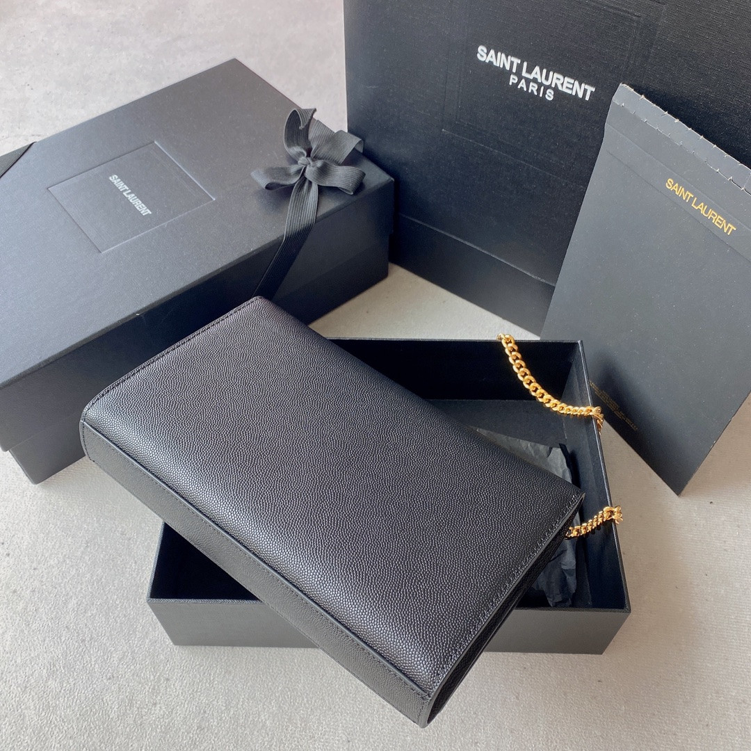 YSL KATE MEDIUM IN GRAIN DE POUDRE EMBOSSED LEATHER BLACK 9.4 X 5.7 X 2.1 INCHES