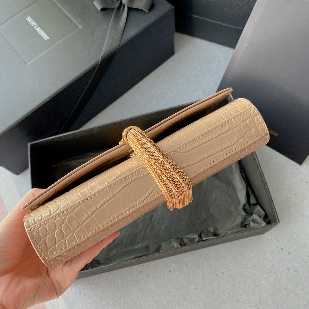 YSL KATE MEDIUM TASSEL IN CROCODILE-EMBOSSED LEATHER PINK 9.4 X 5.7 X 2.1 INCHES