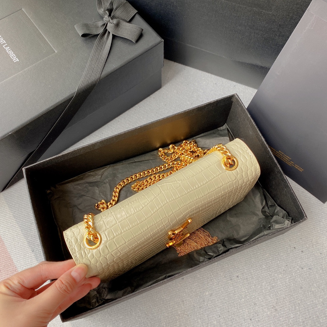 YSL KATE MEDIUM TASSEL IN CROCODILE-EMBOSSED LEATHER WHITE 9.4 X 5.7 X 2.1 INCHES