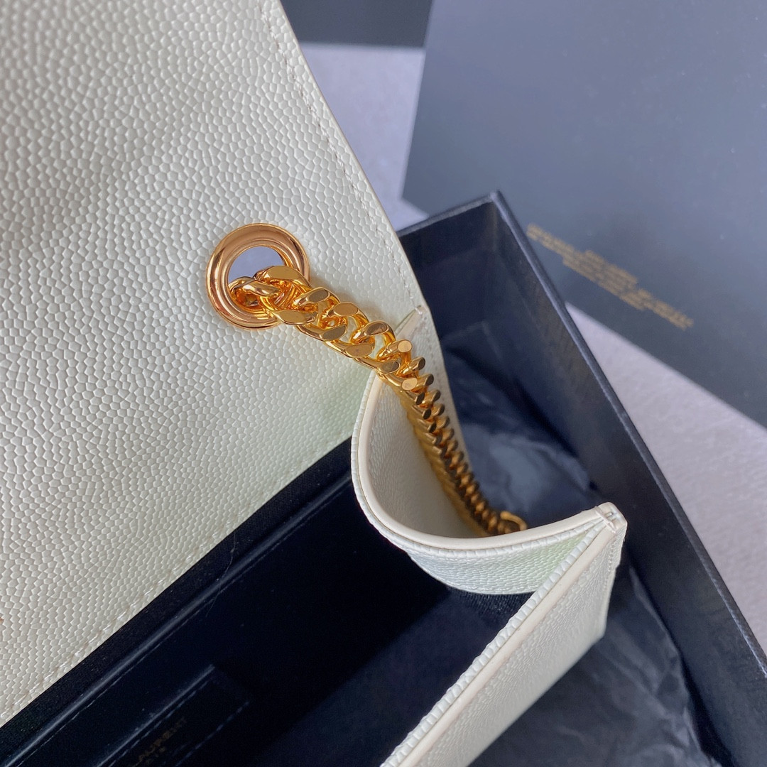 YSL KATE SMALL IN GRAIN DE POUDRE EMBOSSED LEATHER WHITE 7.8 X 4.9 X 1.9 INCHES