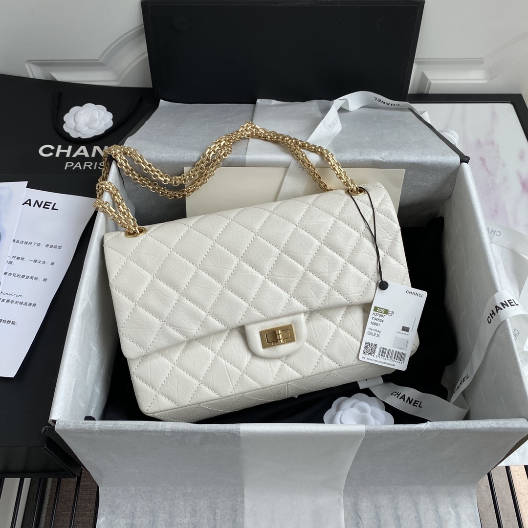 CHANEL LARGE 2.55 HANDBAG White& Gold-Tone Metal 7.6 × 10.9 × 2.9 in
