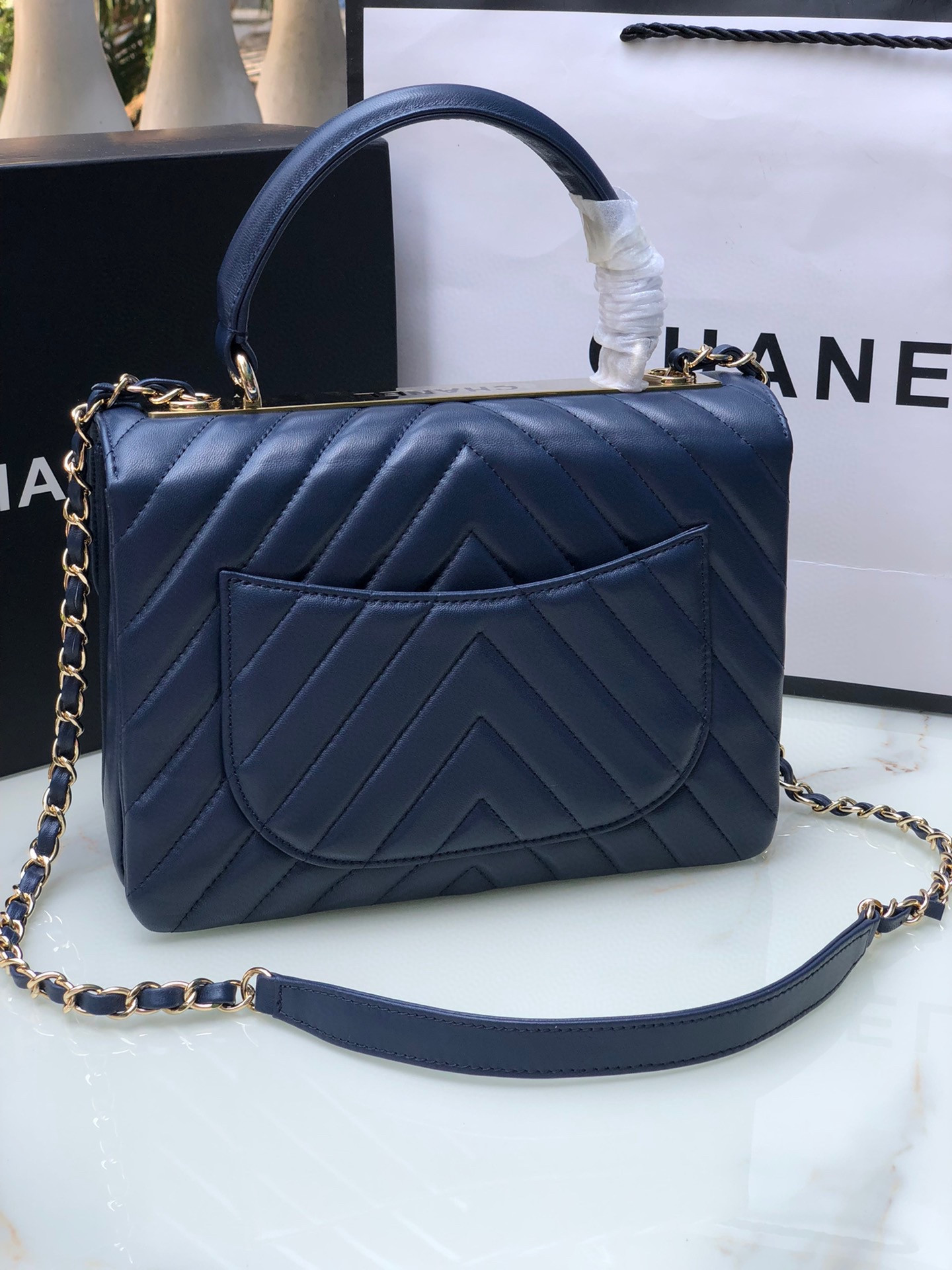 CHANEL FLAP BAG WITH TOP HANDLE NAVY 6.6 × 9.8 × 4.7 in