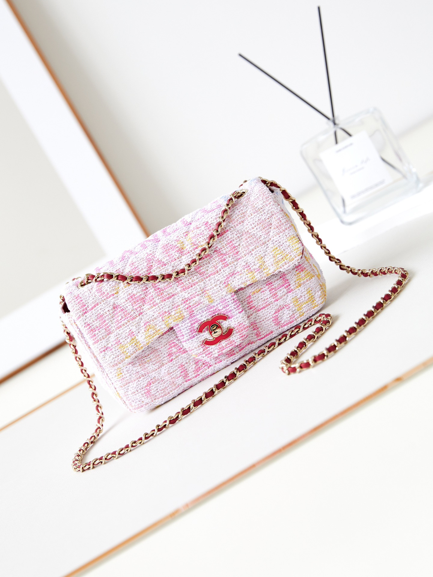 Chanel Quilted Pink Multicolor Tweed Mini Rectangular Flap Bag 20×10×7cm