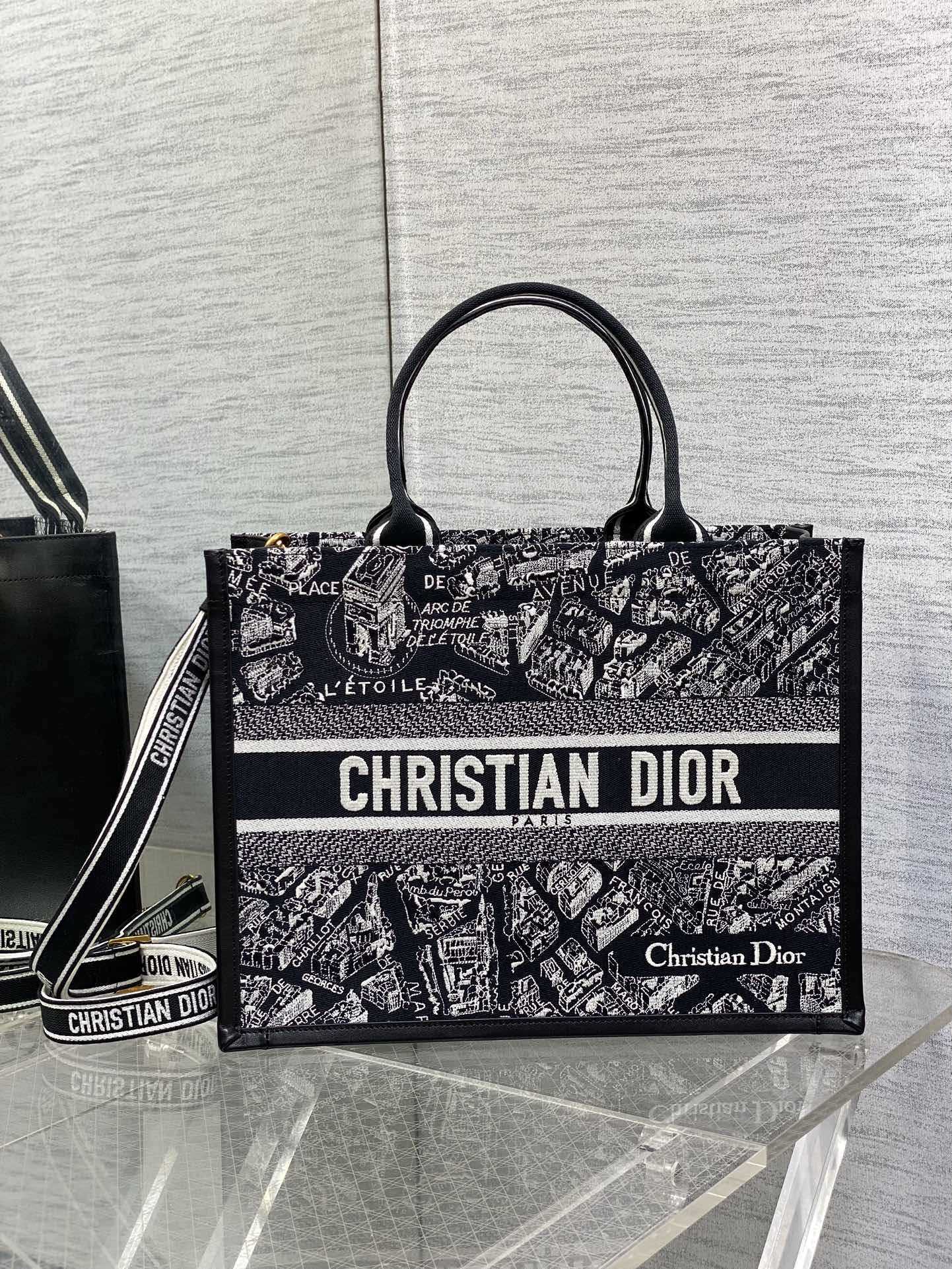 Dior Medium Dior Book Tote Black and White Plan de Paris Embroidery 36 x 27.5 x 16.5 cm