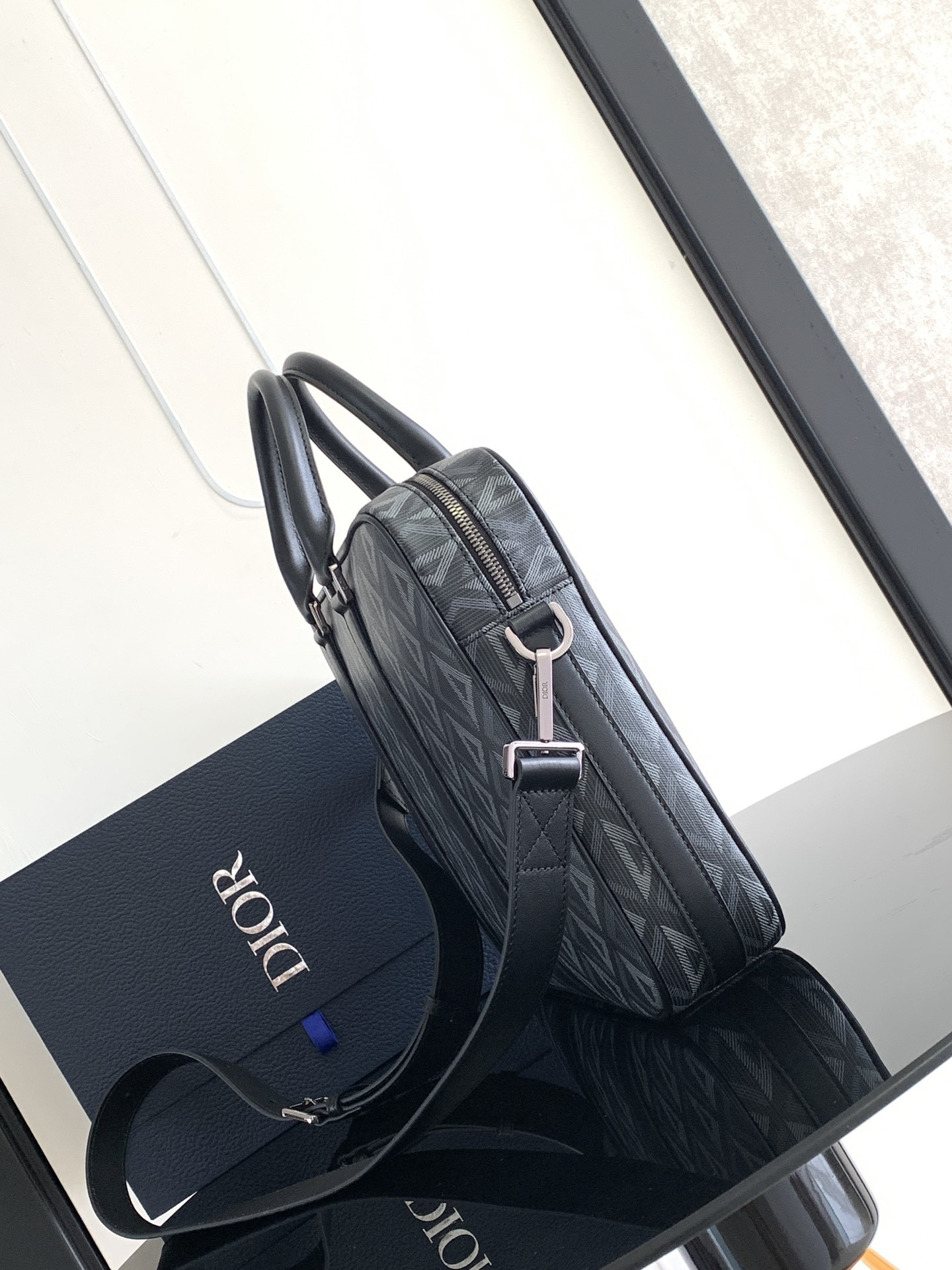 Dior Zipped Briefcase Black CD Diamond Canvas and Black Grained Calfskin  37 x 28 x 6 cm
