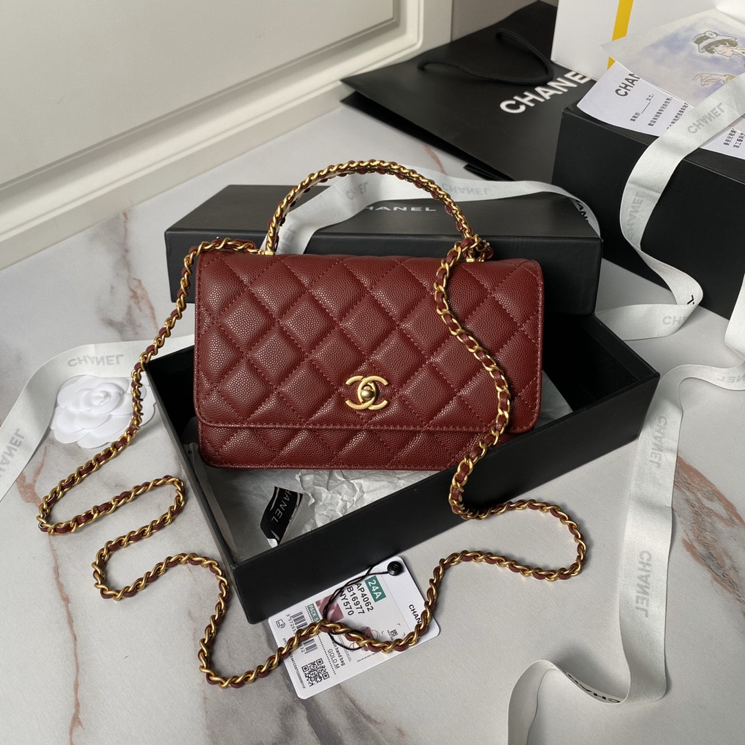 CHANEL WALLET ON CHAIN Grained Shiny Calfskin & Gold-Tone Metal 12 × 19 × 5 cm