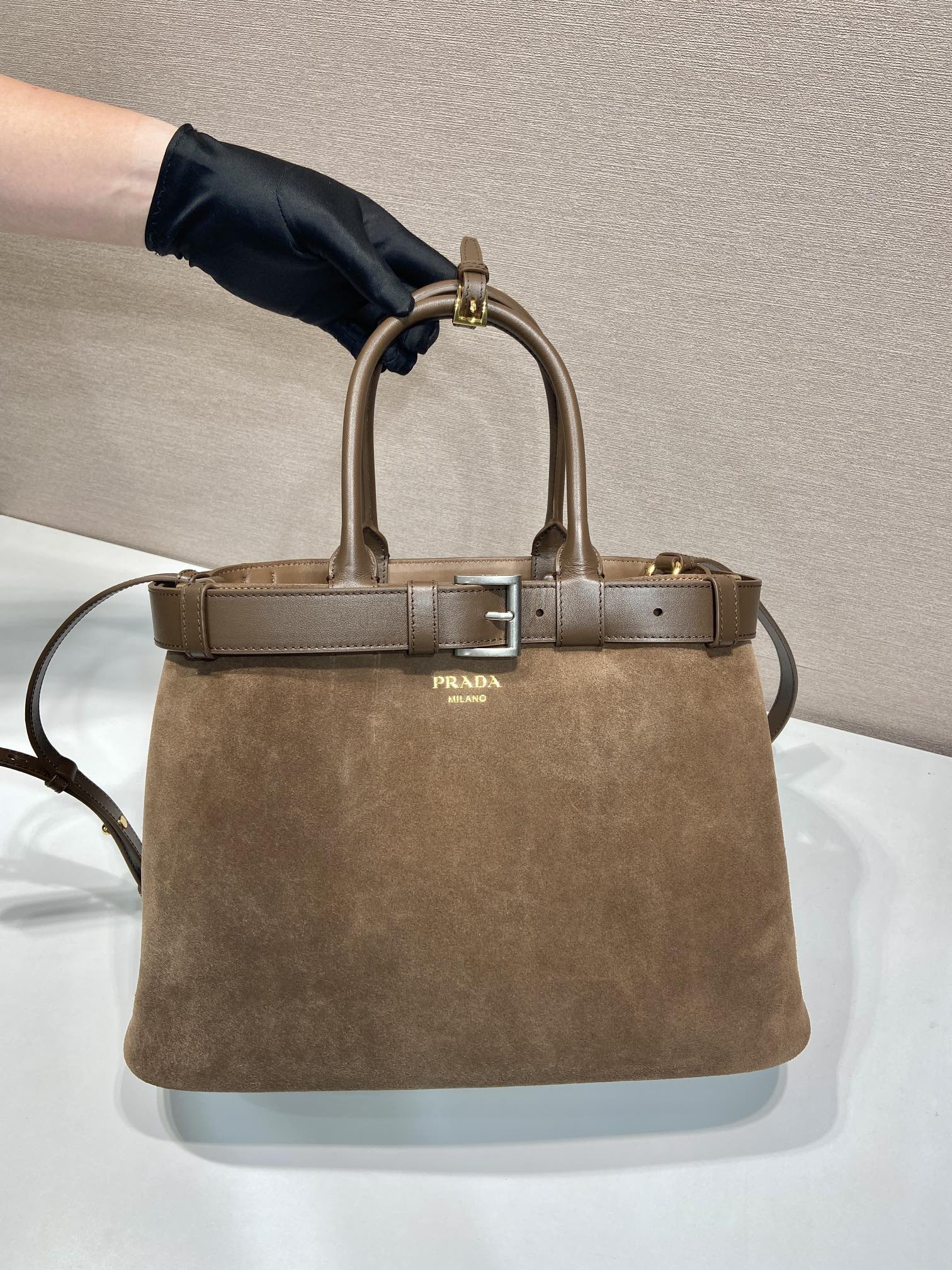 Prada Large Prada Buckle suede bag with belt 27.5x37.5x14cm