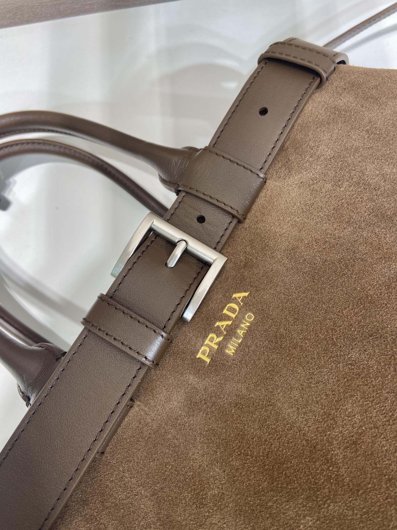 Prada Large Prada Buckle suede bag with belt 27.5x37.5x14cm