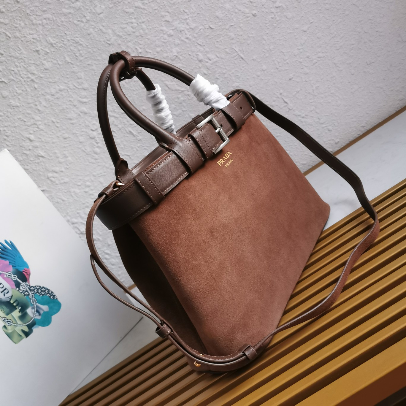 Prada Large Prada Buckle suede bag with belt  27.5x37.5x14cm