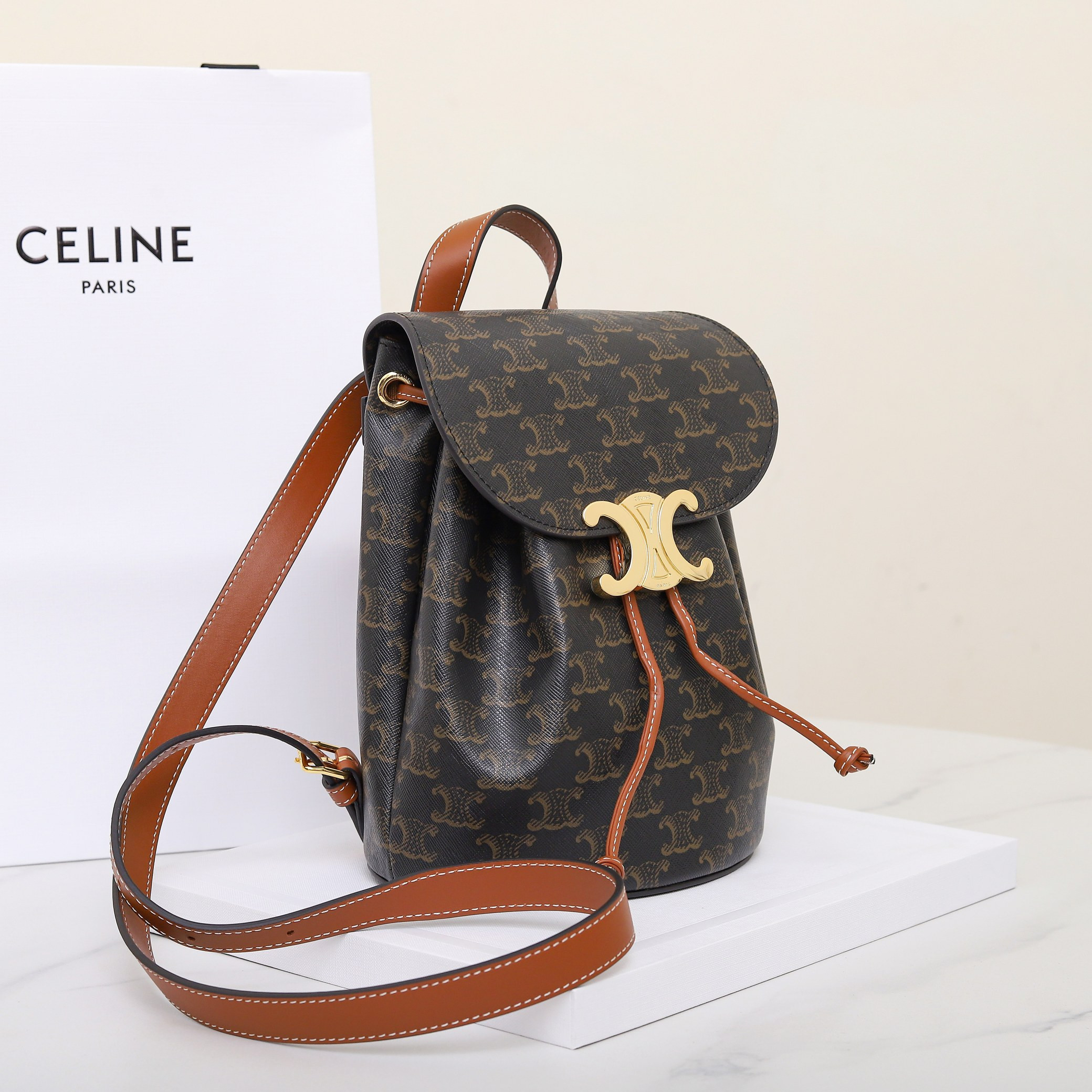 CELINE BONNIE BACKPACK IN TRIOMPHE CANVAS AND CALFSKIN 118702 25x18x13cm