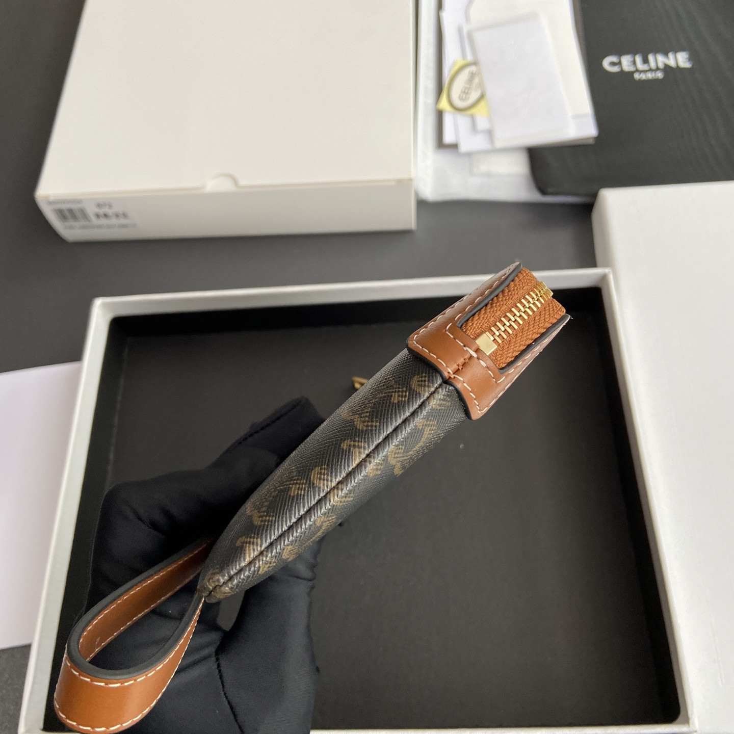 Celine LONG POUCH WITH STRAP in triomphe canvas and calfskin 21.5x11.5x1cm