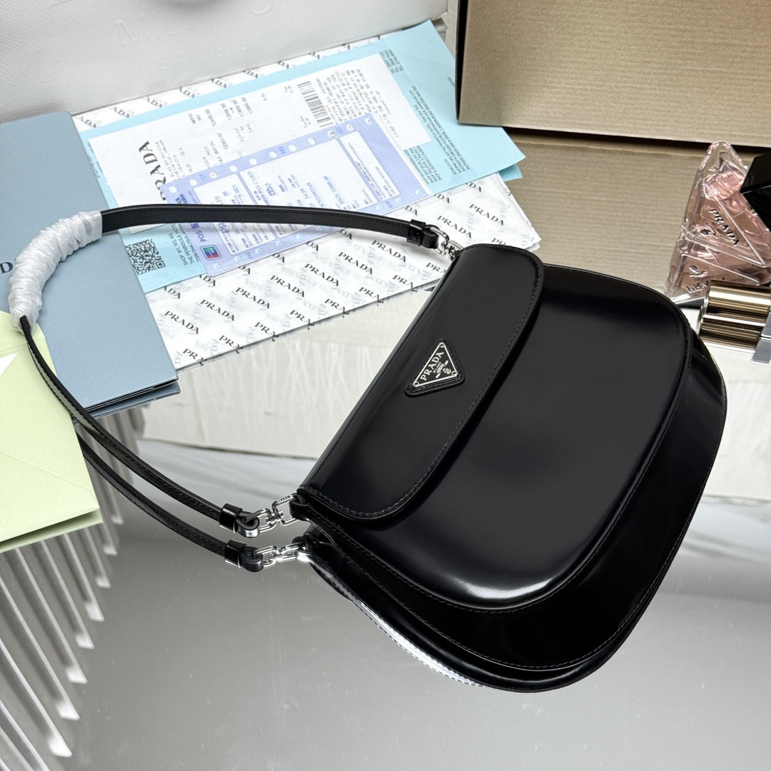 Prada Small Cleo brushed leather shoulder bag with flap 15.5x22x4cm